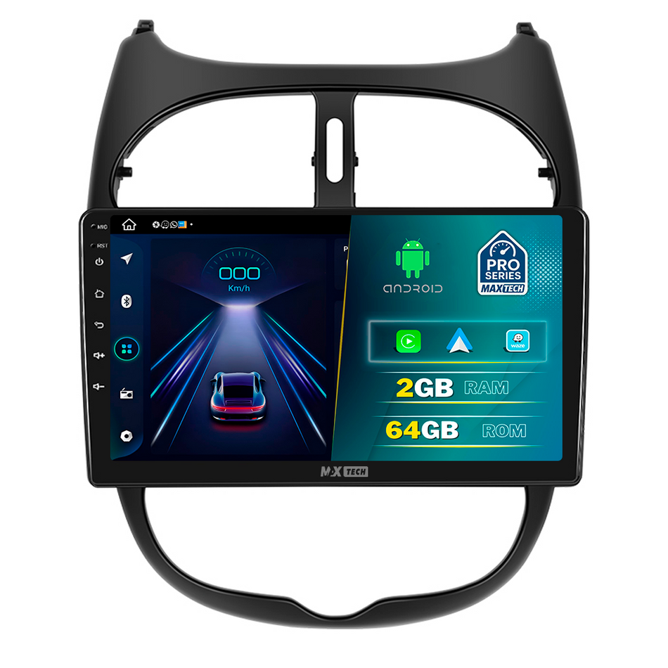 Navigatie Peugeot 206 / 206 CC (2002-2010) dedicata, MaxTech® PRO SERIES, 2 GB Ram 64 GB Rom, Carplay si Android auto, Ecran 9” HD Touch, GPS, Wifi, Bluetooth, Radio, USB, EQ, DSP, Waze