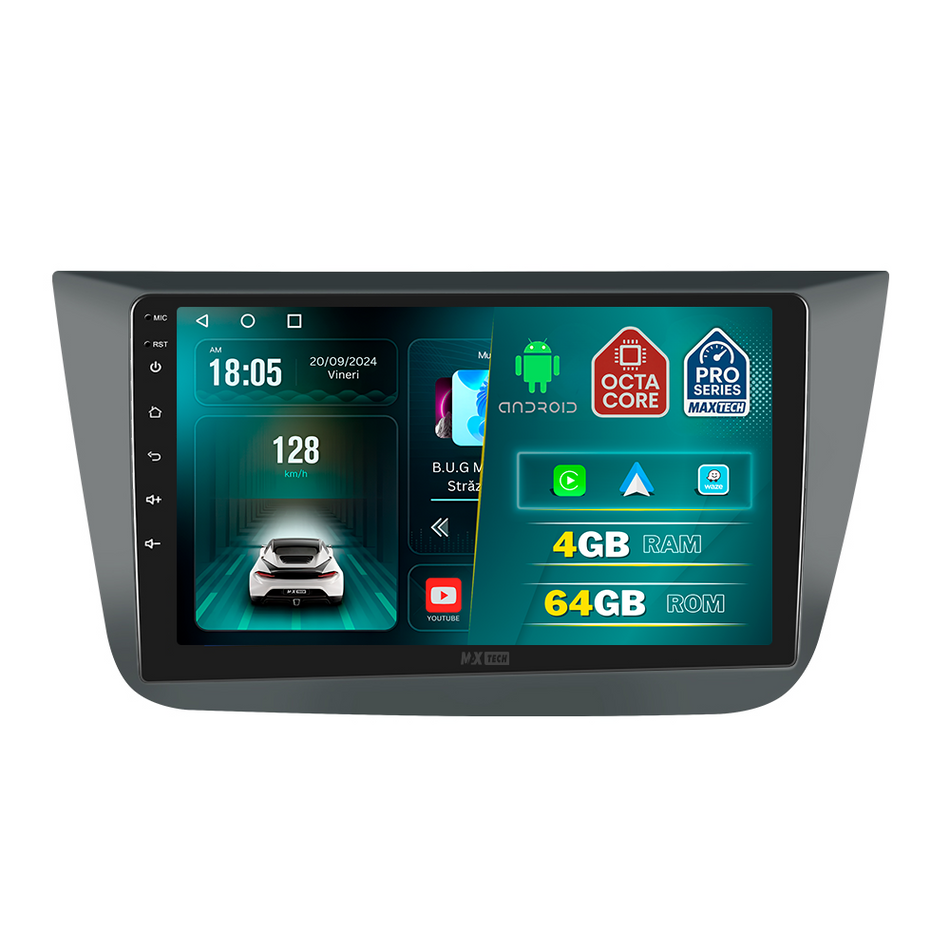 Navigatie SEAT Altea 5P (2004-2015) dedicata, MaxTech® PRO SERIES, 4 GB Ram 64 GB Rom, Carplay si Android auto, Ecran 9 ” HD Touch, GPS, Wifi, Bluetooth, Radio, USB, EQ, DSP, Waze