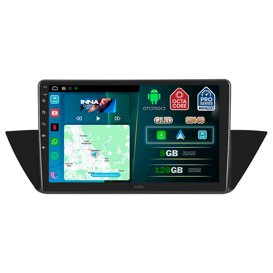 Navigatie BMW X1 E84 (2009-2015) dedicata, MaxTech® PRO SERIES, 8 GB Ram 128 GB Rom, OctaCore, Carplay si Android auto, Ecran 10” HD Touch, Sim 4G, ADI/HI-Res, GPS, Wifi, Bluetooth, Radio, USB, EQ, DSP, Waze