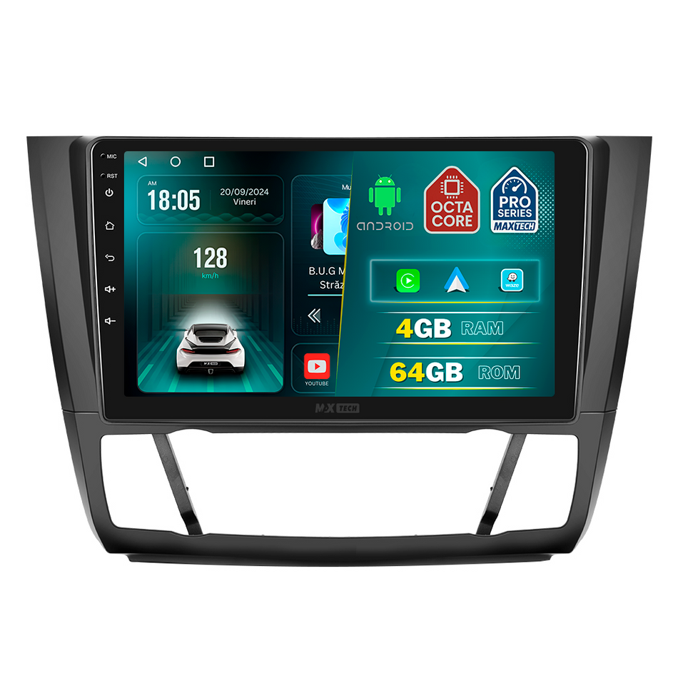 Navigatie BMW Seria 1 E81/E82/E87/E88 (2008-2012) facelift dedicata, MaxTech® PRO SERIES, 4 GB Ram 64 GB Rom, Carplay si Android auto, Ecran 9 ” HD Touch, GPS, Wifi, Bluetooth, Radio, USB, EQ, DSP, Waze