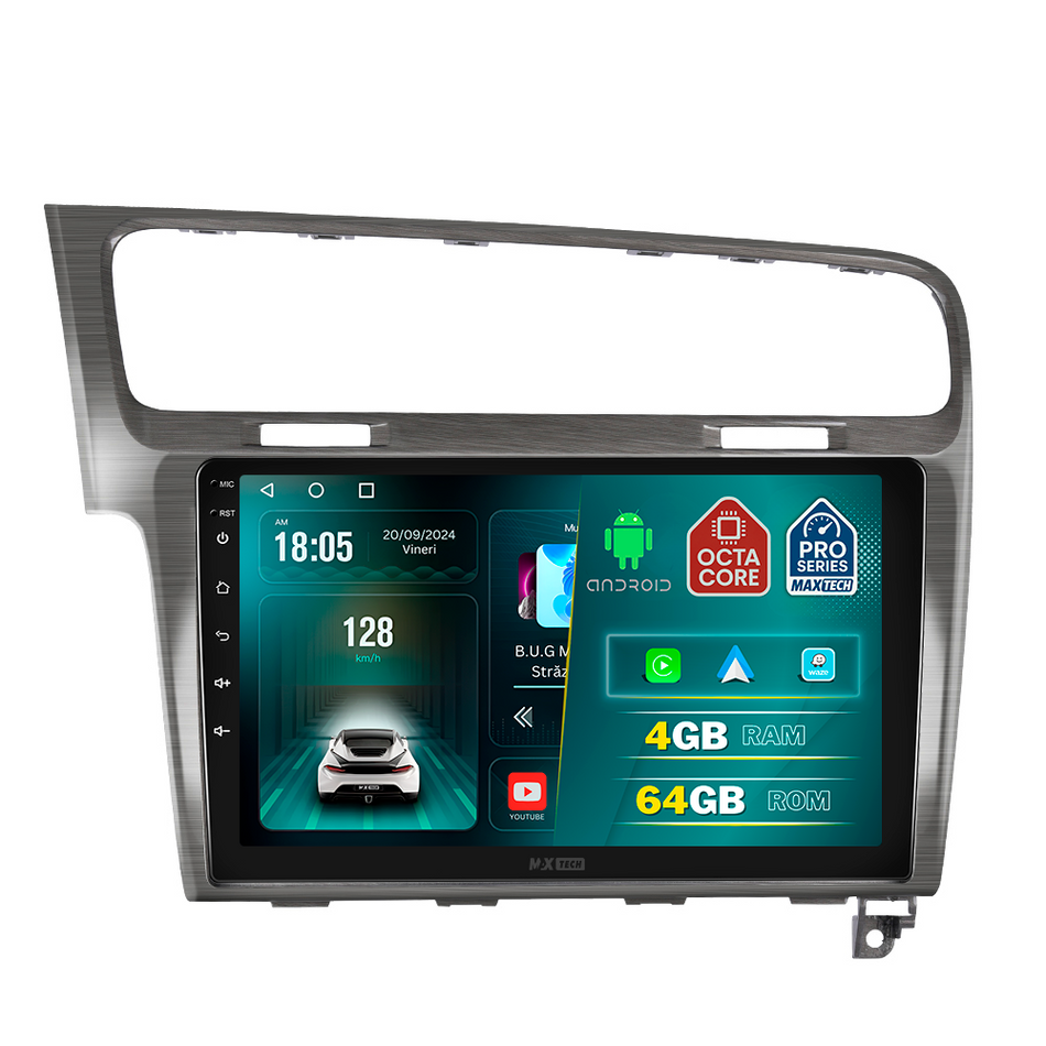 Navigatie Volkswagen Golf 7 (2013-2019) dedicata, MaxTech® PRO SERIES, 4 GB Ram 64 GB Rom, Carplay si Android auto, Ecran 10 ” HD Touch, GPS, Wifi, Bluetooth, Radio, USB, EQ, DSP, Waze