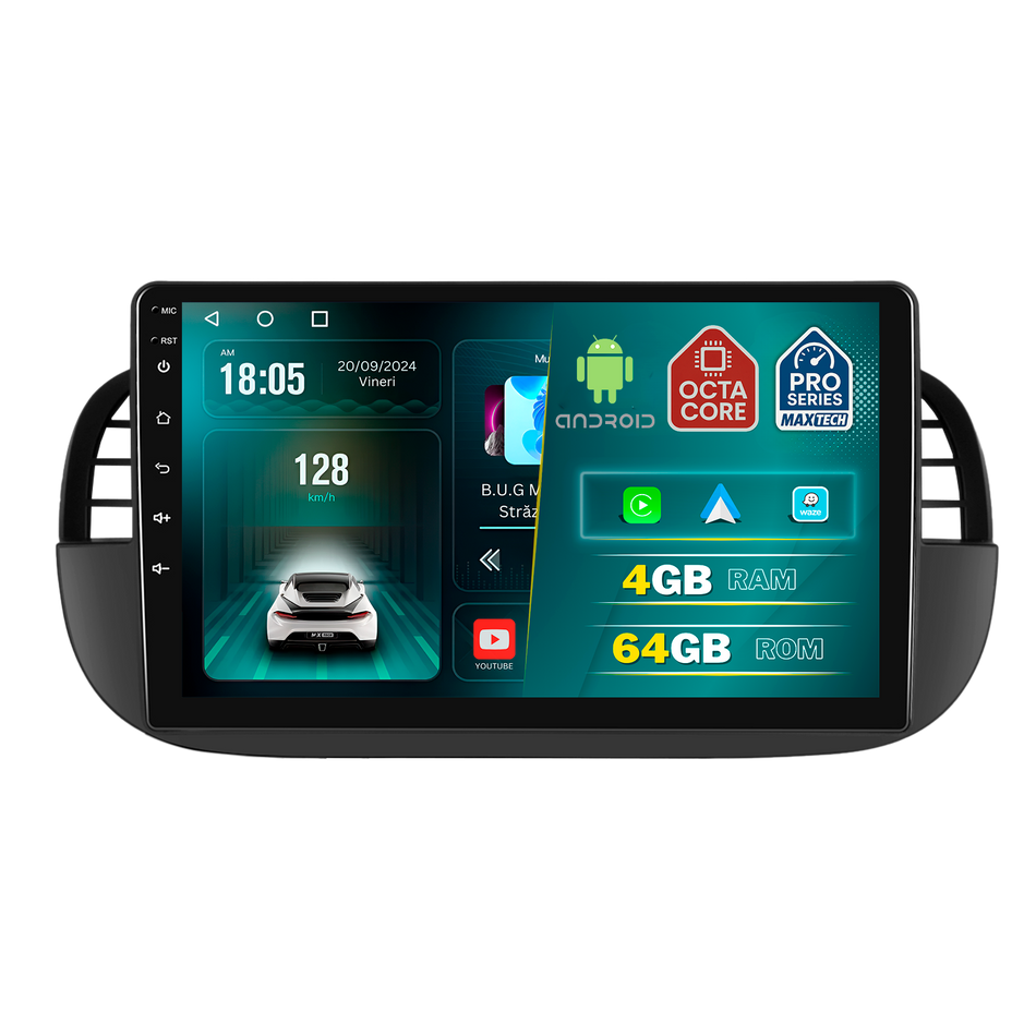 Navigatie Fiat 500 2007–2015 dedicata, MaxTech® PRO SERIES, 4 GB Ram 64 GB Rom, Carplay si Android auto, Ecran 9 ” HD Touch, GPS, Wifi, Bluetooth, Radio, USB, EQ, DSP, Waze