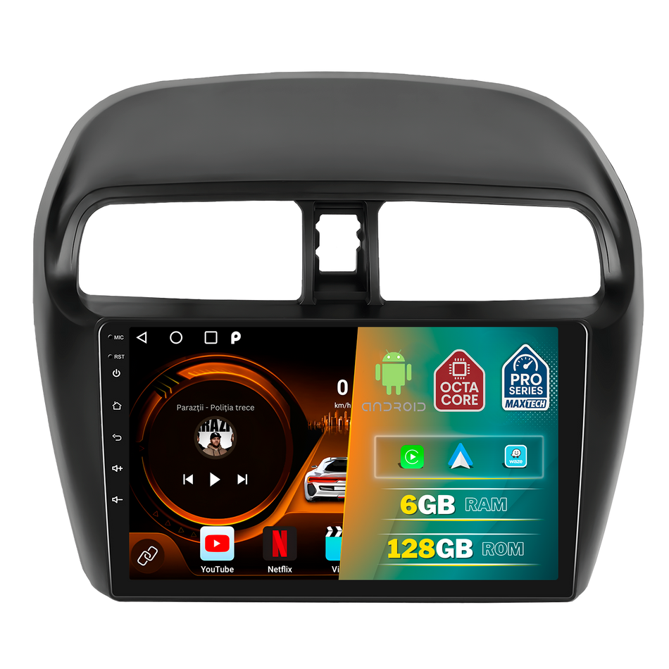 Navigatie Mitsubishi Mirage 2012–2016 dedicata, MaxTech® PRO SERIES, 6 GB Ram 128 GB Rom, Carplay si Android auto, Ecran 9” HD Touch, GPS, Wifi, Bluetooth, Radio, USB, EQ, DSP, Waze