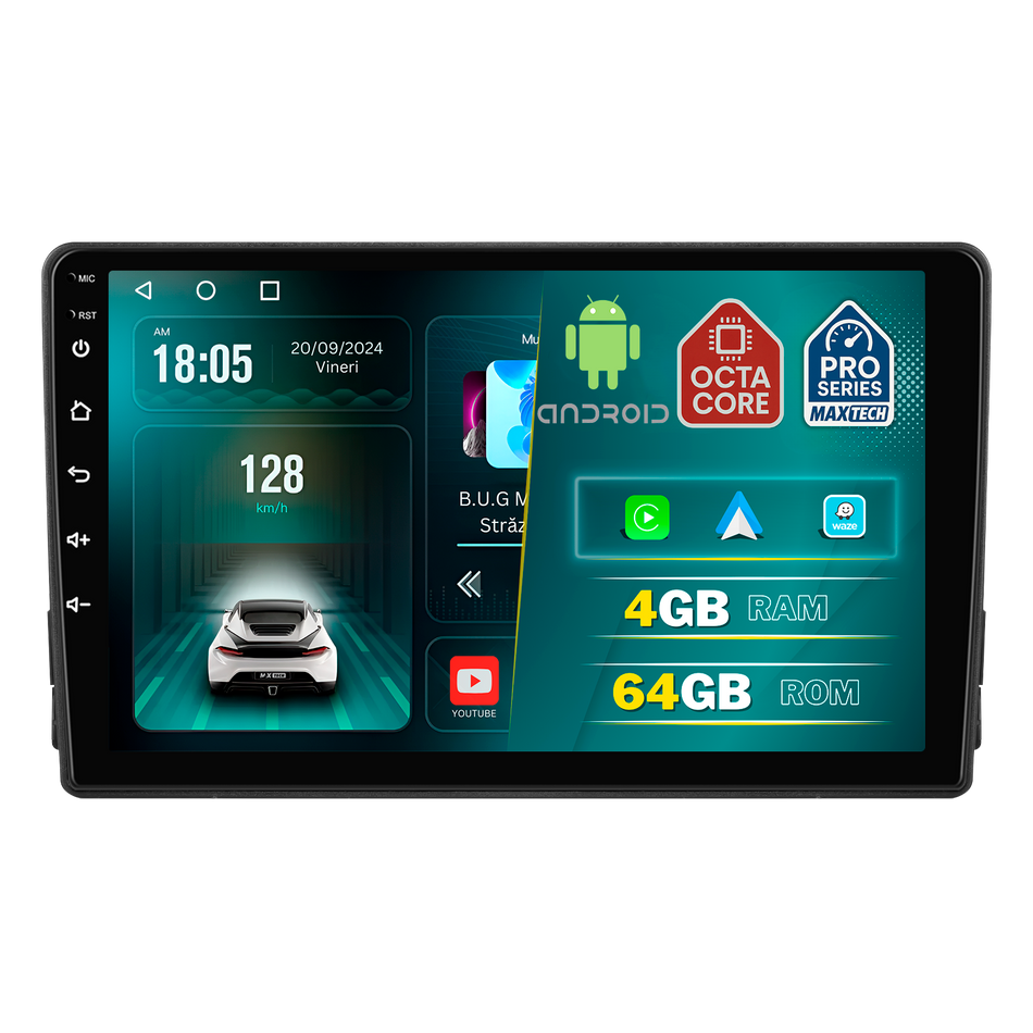 Navigatie Toyota AURIS II (2013-2015) pre-facelift dedicata, MaxTech® PRO SERIES, 4 GB Ram 64 GB Rom, Carplay si Android auto, Ecran 9 ” HD Touch, GPS, Wifi, Bluetooth, Radio, USB, EQ, DSP, Waze
