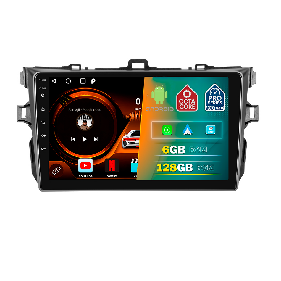 Navigatie Toyota Corolla (2007-2013) dedicata, MaxTech® PRO SERIES, 6 GB Ram 128 GB Rom, Carplay si Android auto, Ecran 9” HD Touch, GPS, Wifi, Bluetooth, Radio, USB, EQ, DSP, Waze