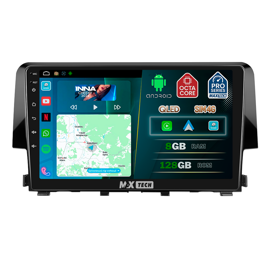 Navigatie Honda Civic X (2017-2021) dedicata, MaxTech® PRO SERIES, 8 GB Ram 128 GB Rom, OctaCore, Carplay si Android auto, Ecran 9” HD Touch, Sim 4G, ADI/HI-Res, GPS, Wifi, Bluetooth, Radio, USB, EQ, DSP, Waze