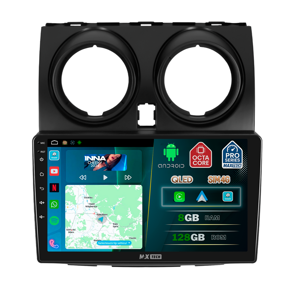 Navigatie Nissan Qashqai I (J10) 2007–2014 dedicata, MaxTech® PRO SERIES, 8 GB Ram 128 GB Rom, OctaCore, Carplay si Android auto, Ecran 9” HD Touch, Sim 4G, ADI/HI-Res, GPS, Wifi, Bluetooth, Radio, USB, EQ, DSP, Waze