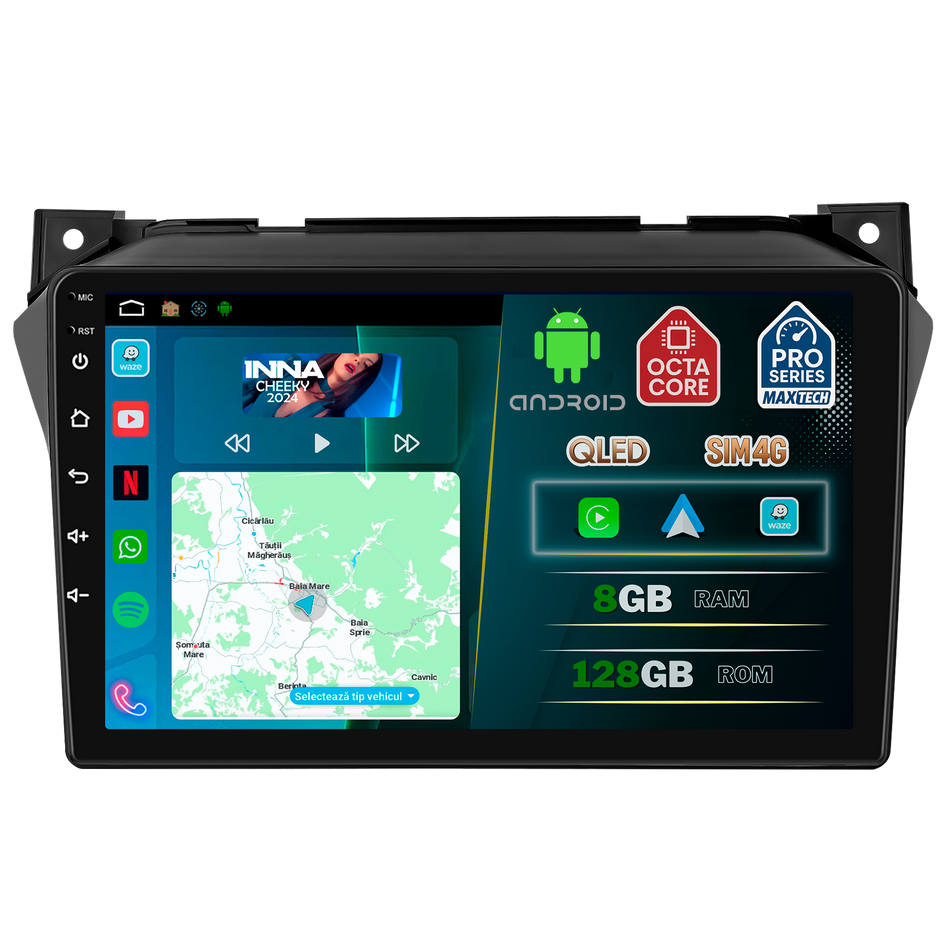 Navigatie Suzuki Alto 2009-2014 dedicata, MaxTech® PRO SERIES, 8 GB Ram 128 GB Rom, OctaCore, Carplay si Android auto, Ecran 9” HD Touch, Sim 4G, ADI/HI-Res, GPS, Wifi, Bluetooth, Radio, USB, EQ, DSP, Waze