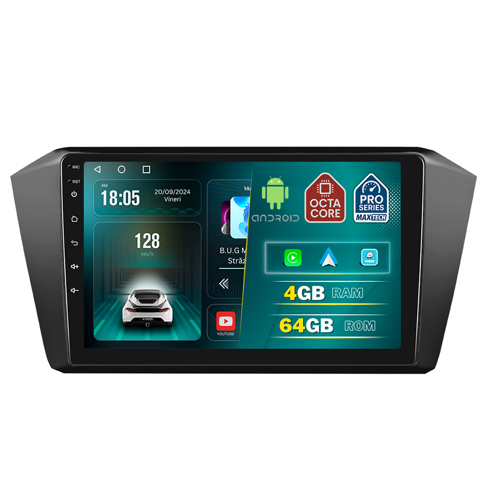Navigatie VW Passat B8 (2015-2019) dedicata, MaxTech® PRO SERIES, 4 GB Ram 64 GB Rom, Carplay si Android auto, Ecran 10 ” HD Touch, GPS, Wifi, Bluetooth, Radio, USB, EQ, DSP, Waze
