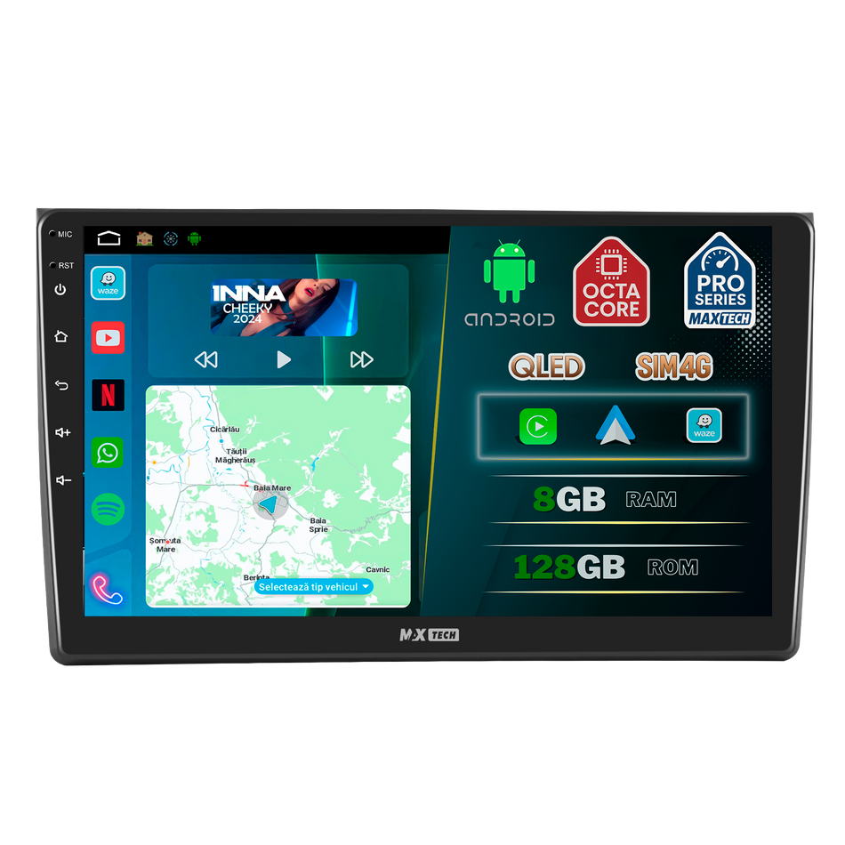 Navigatie Audi A4 B6/B7 (2002-2008) dedicata, MaxTech® PRO SERIES, 8 GB Ram 128 GB Rom, OctaCore, Carplay si Android auto, Ecran 9” HD Touch, Sim 4G, ADI/HI-Res, GPS, Wifi, Bluetooth, Radio, USB, EQ, DSP, Waze