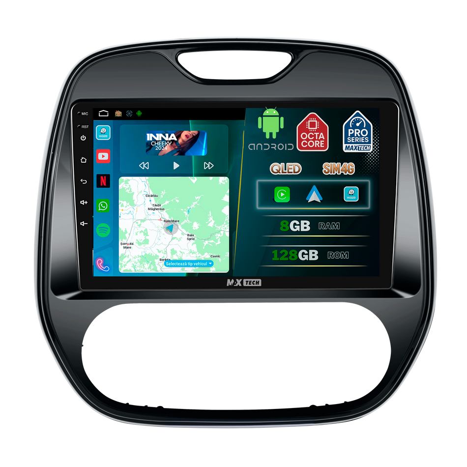 Navigatie Renault Captur I (J87) (2013-2017) pre-facelift dedicata, MaxTech® PRO SERIES, 8 GB Ram 128 GB Rom, OctaCore, Carplay si Android auto, Ecran 9” HD Touch, Sim 4G, ADI/HI-Res, GPS, Wifi, Bluetooth, Radio, USB, EQ, DSP, Waze