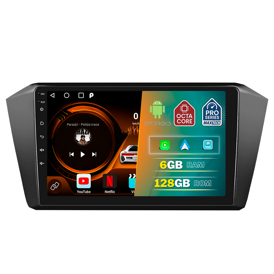 Navigatie VW Passat B8 (2015-2019) dedicata, MaxTech® PRO SERIES, 6 GB Ram 128 GB Rom, Carplay si Android auto, Ecran 10” HD Touch, GPS, Wifi, Bluetooth, Radio, USB, EQ, DSP, Waze