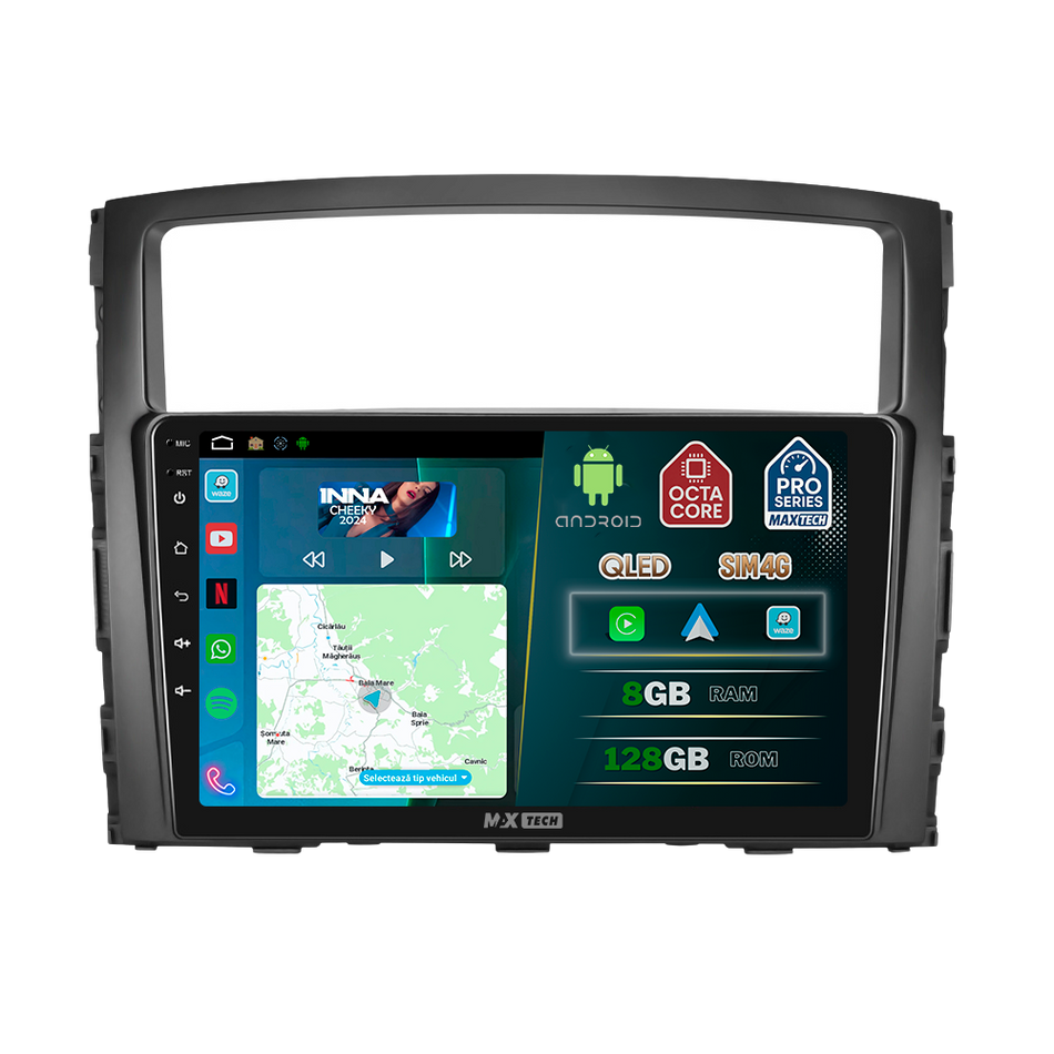 Navigatie Mitsubishi Pajero IV (2006-2017) dedicata, MaxTech® PRO SERIES, 8 GB Ram 128 GB Rom, OctaCore, Carplay si Android auto, Ecran 9” HD Touch, Sim 4G, ADI/HI-Res, GPS, Wifi, Bluetooth, Radio, USB, EQ, DSP, Waze