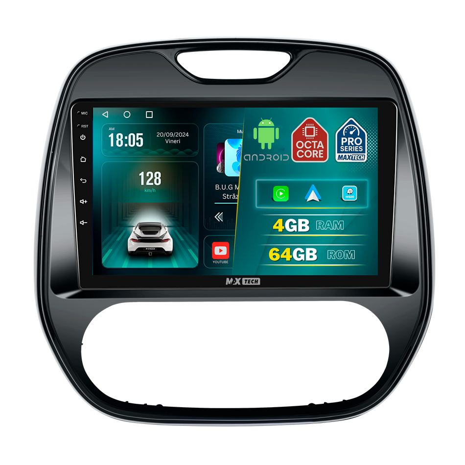 Navigatie Renault Captur I (J87) (2013-2017) pre-facelift dedicata, MaxTech® PRO SERIES, 4 GB Ram 64 GB Rom, Carplay si Android auto, Ecran 9 ” HD Touch, GPS, Wifi, Bluetooth, Radio, USB, EQ, DSP, Waze