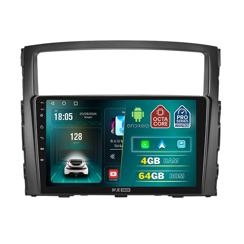 Navigatie Mitsubishi Pajero IV (2006-2017) dedicata, MaxTech® PRO SERIES, 4 GB Ram 64 GB Rom, Carplay si Android auto, Ecran 9 ” HD Touch, GPS, Wifi, Bluetooth, Radio, USB, EQ, DSP, Waze