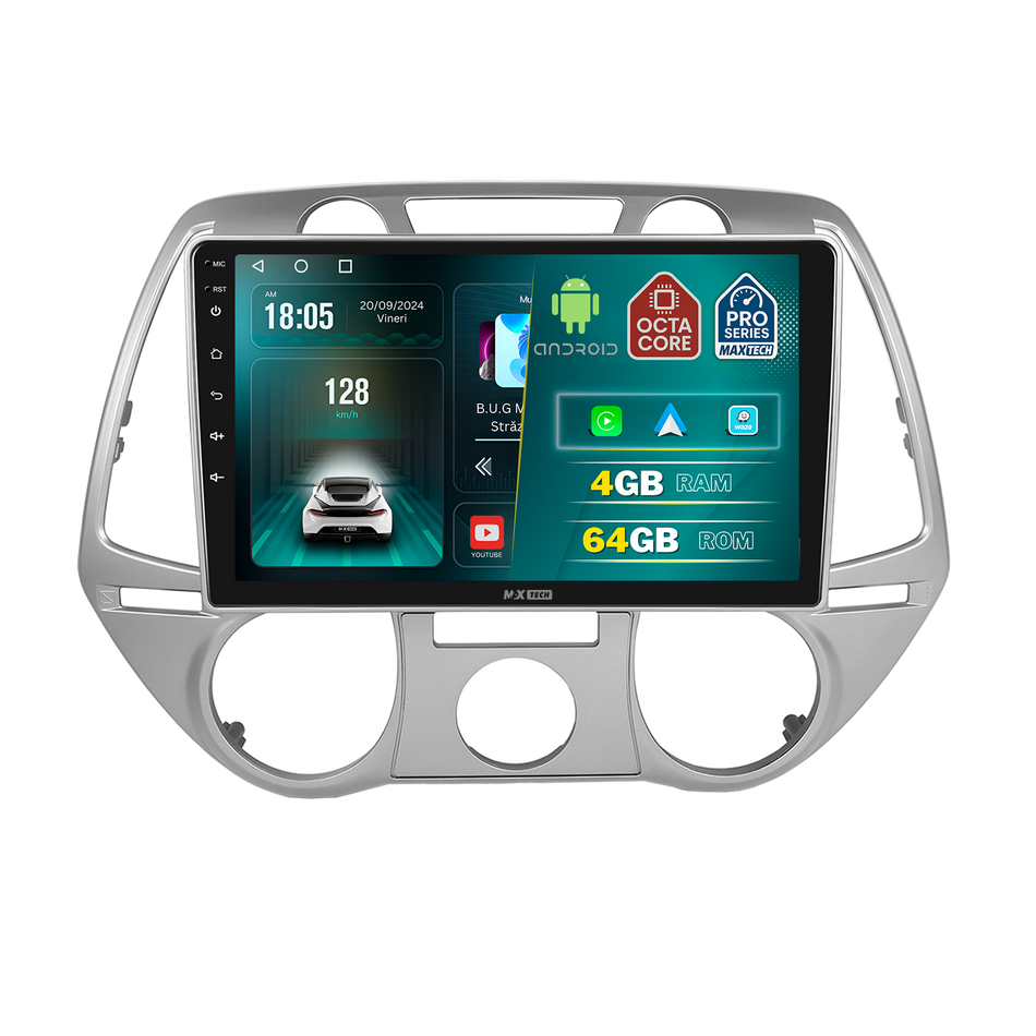 Navigatie Hyundai i20 I (2008-2012) Pre-facelift dedicata, MaxTech® PRO SERIES, 4 GB Ram 64 GB Rom, Carplay si Android auto, Ecran 9 ” HD Touch, GPS, Wifi, Bluetooth, Radio, USB, EQ, DSP, Waze