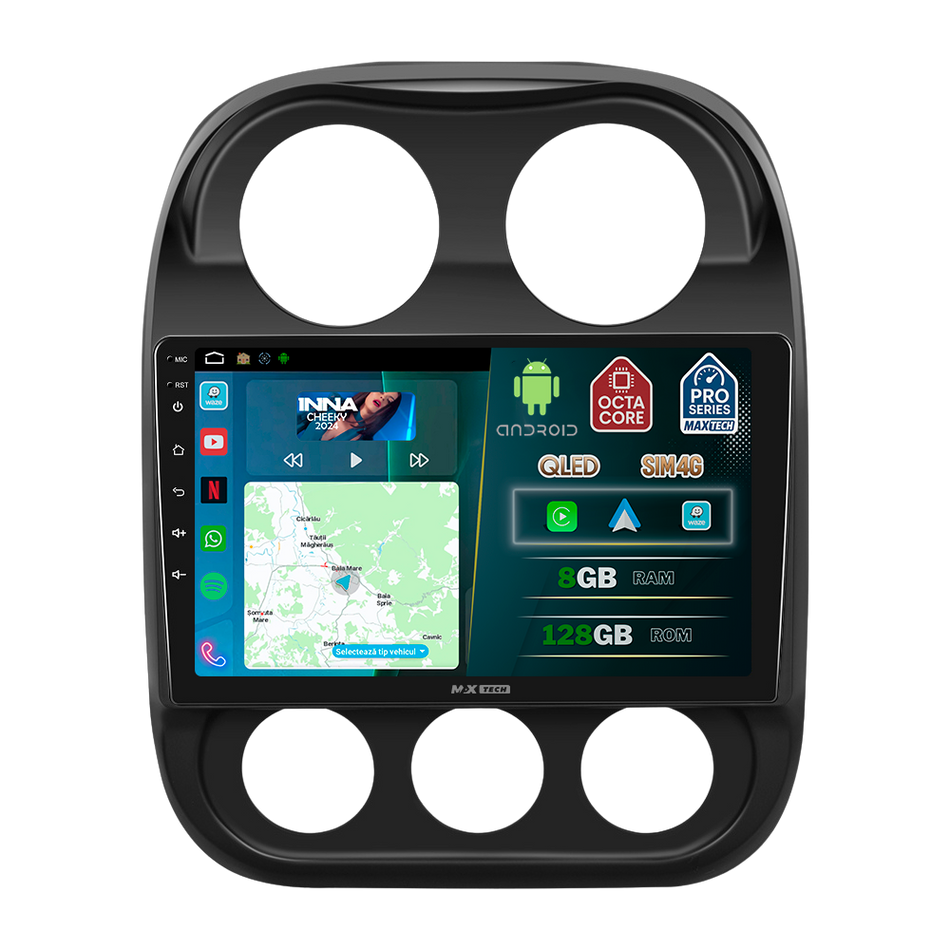 Navigatie Jeep Compass/Patriot (2011-2016) Facelift dedicata, MaxTech® PRO SERIES, 8 GB Ram 128 GB Rom, OctaCore, Carplay si Android auto, Ecran 10” HD Touch, Sim 4G, ADI/HI-Res, GPS, Wifi, Bluetooth, Radio, USB, EQ, DSP, Waze