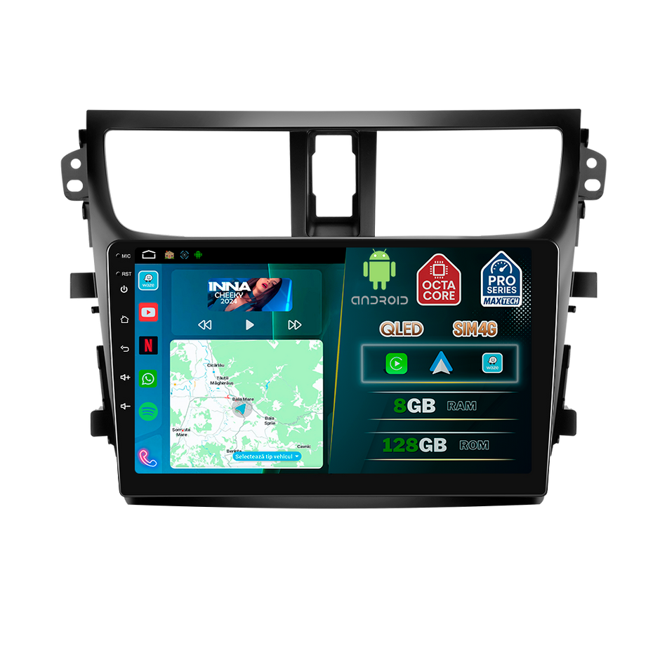 Navigatie Suzuki Celerio (2014-2020) dedicata, MaxTech® PRO SERIES, 8 GB Ram 128 GB Rom, OctaCore, Carplay si Android auto, Ecran 9” HD Touch, Sim 4G, ADI/HI-Res, GPS, Wifi, Bluetooth, Radio, USB, EQ, DSP, Waze