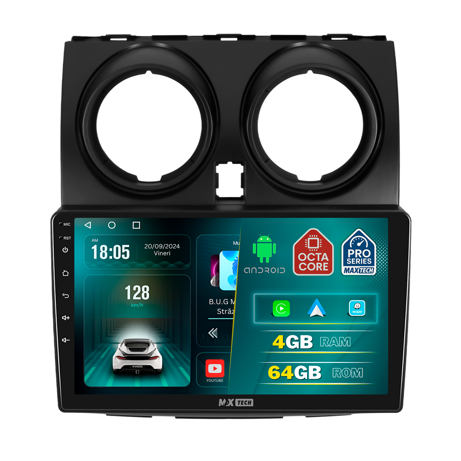 Navigatie Nissan Qashqai I (J10) 2007–2014 dedicata, MaxTech® PRO SERIES, 4 GB Ram 64 GB Rom, Carplay si Android auto, Ecran 9 ” HD Touch, GPS, Wifi, Bluetooth, Radio, USB, EQ, DSP, Waze