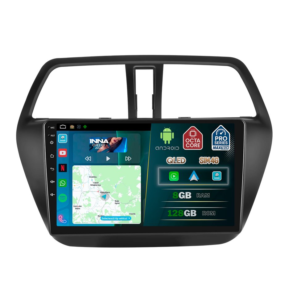 Navigatie Suzuki SX4 S-Cross (2013-2016) Pre-facelift dedicata, MaxTech® PRO SERIES, 8 GB Ram 128 GB Rom, OctaCore, Carplay si Android auto, Ecran 9” HD Touch, Sim 4G, ADI/HI-Res, GPS, Wifi, Bluetooth, Radio, USB, EQ, DSP, Waze