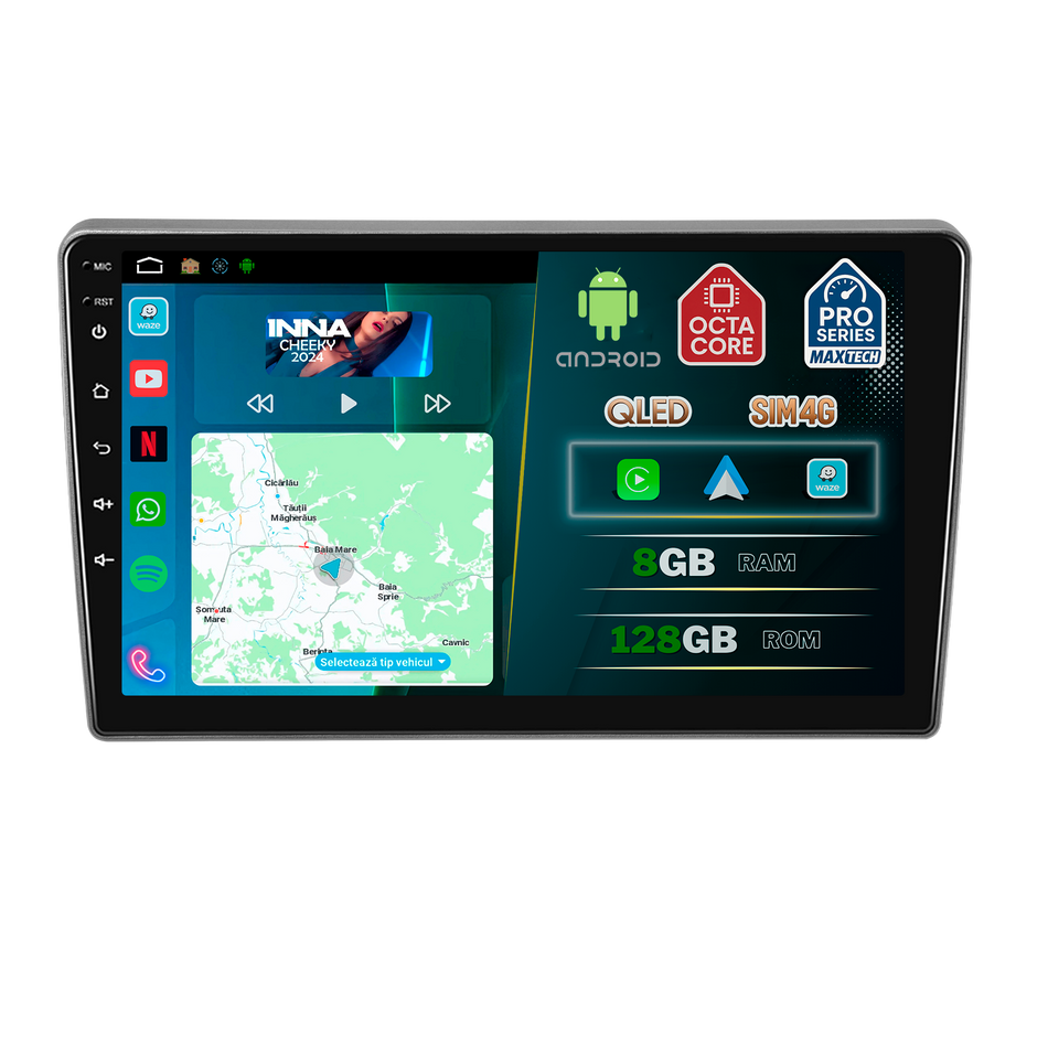 Navigatie Peugeot 407 (2004-2008) pre-facelift dedicata, MaxTech® PRO SERIES, 8 GB Ram 128 GB Rom, OctaCore, Carplay si Android auto, Ecran 9” HD Touch, Sim 4G, ADI/HI-Res, GPS, Wifi, Bluetooth, Radio, USB, EQ, DSP, Waze