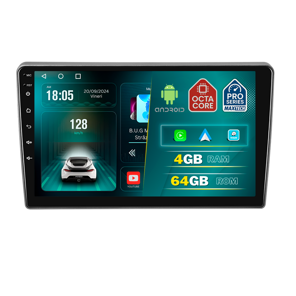 Navigatie Peugeot 407 (2004-2008) pre-facelift dedicata, MaxTech® PRO SERIES, 4 GB Ram 64 GB Rom, Carplay si Android auto, Ecran 9 ” HD Touch, GPS, Wifi, Bluetooth, Radio, USB, EQ, DSP, Waze