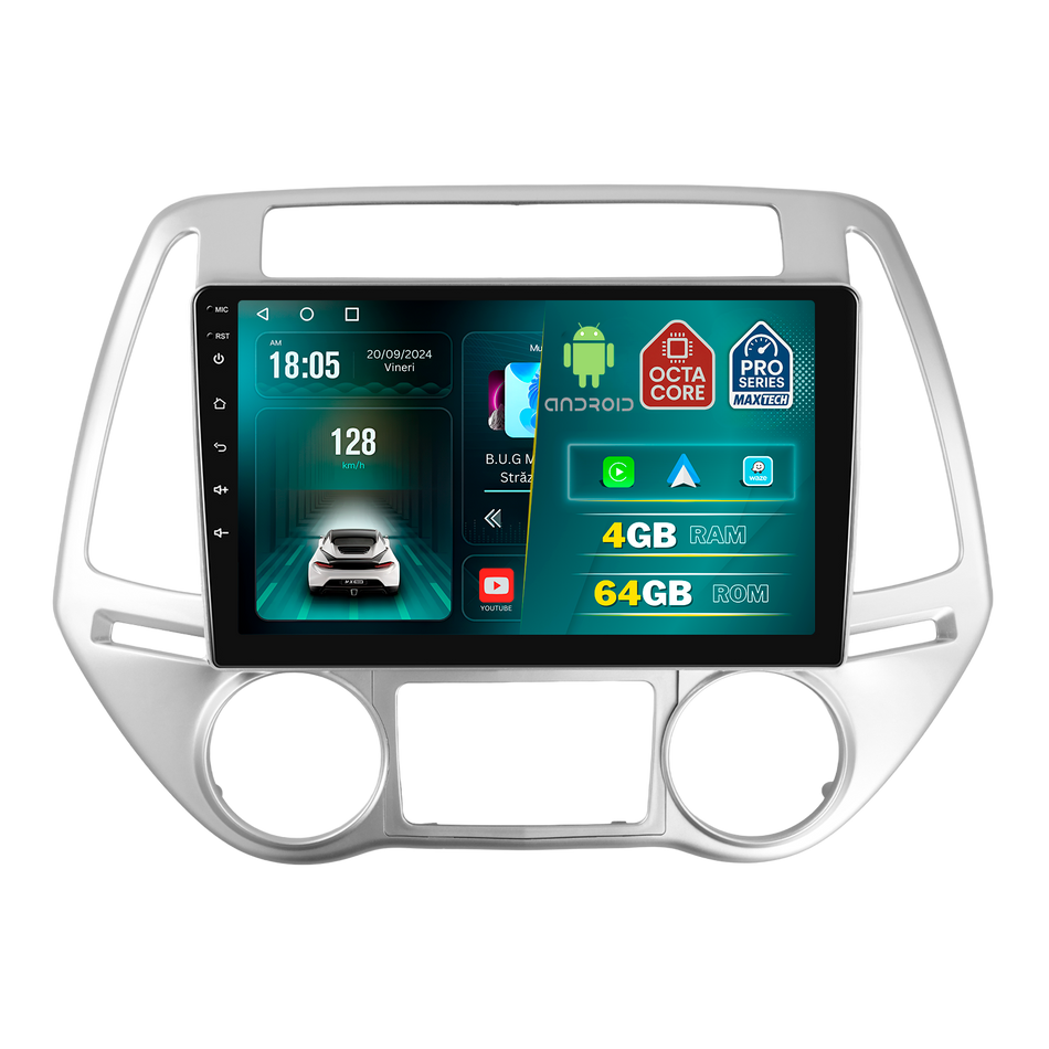 Navigatie Hyundai i20 (2012-2014) (PB Facelift) dedicata, MaxTech® PRO SERIES, 4 GB Ram 64 GB Rom, Carplay si Android auto, Ecran 9 ” HD Touch, GPS, Wifi, Bluetooth, Radio, USB, EQ, DSP, Waze
