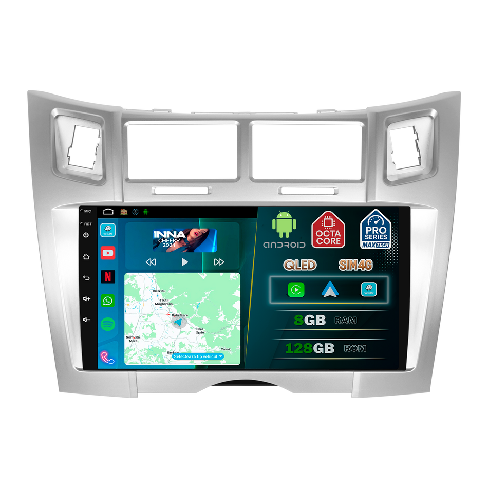 Navigatie Toyota Yaris II (2005-2011) XP90 dedicata, MaxTech® PRO SERIES, 8 GB Ram 128 GB Rom, OctaCore, Carplay si Android auto, Ecran 9” HD Touch, Sim 4G, ADI/HI-Res, GPS, Wifi, Bluetooth, Radio, USB, EQ, DSP, Waze