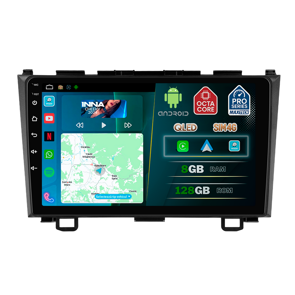 Navigatie Honda CR-V (2007-2011) dedicata, MaxTech® PRO SERIES, 8 GB Ram 128 GB Rom, OctaCore, Carplay si Android auto, Ecran 9” HD Touch, Sim 4G, ADI/HI-Res, GPS, Wifi, Bluetooth, Radio, USB, EQ, DSP, Waze