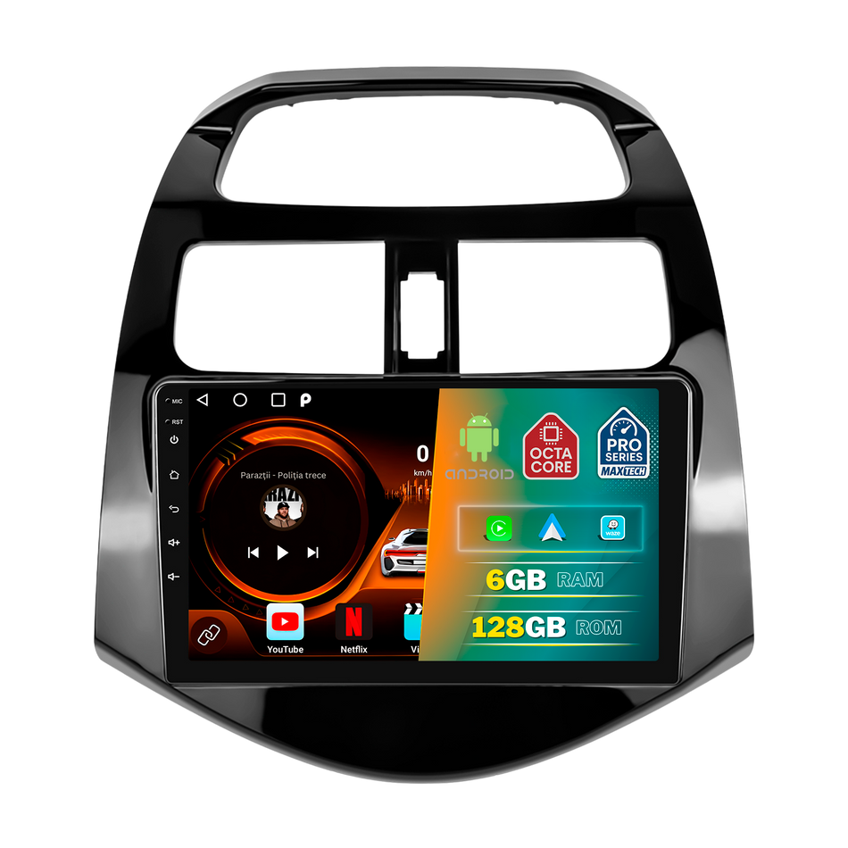 Navigatie Chevrolet Spark (2011-2015) dedicata, MaxTech® PRO SERIES, 6 GB Ram 128 GB Rom, Carplay si Android auto, Ecran 9” HD Touch, GPS, Wifi, Bluetooth, Radio, USB, EQ, DSP, Waze