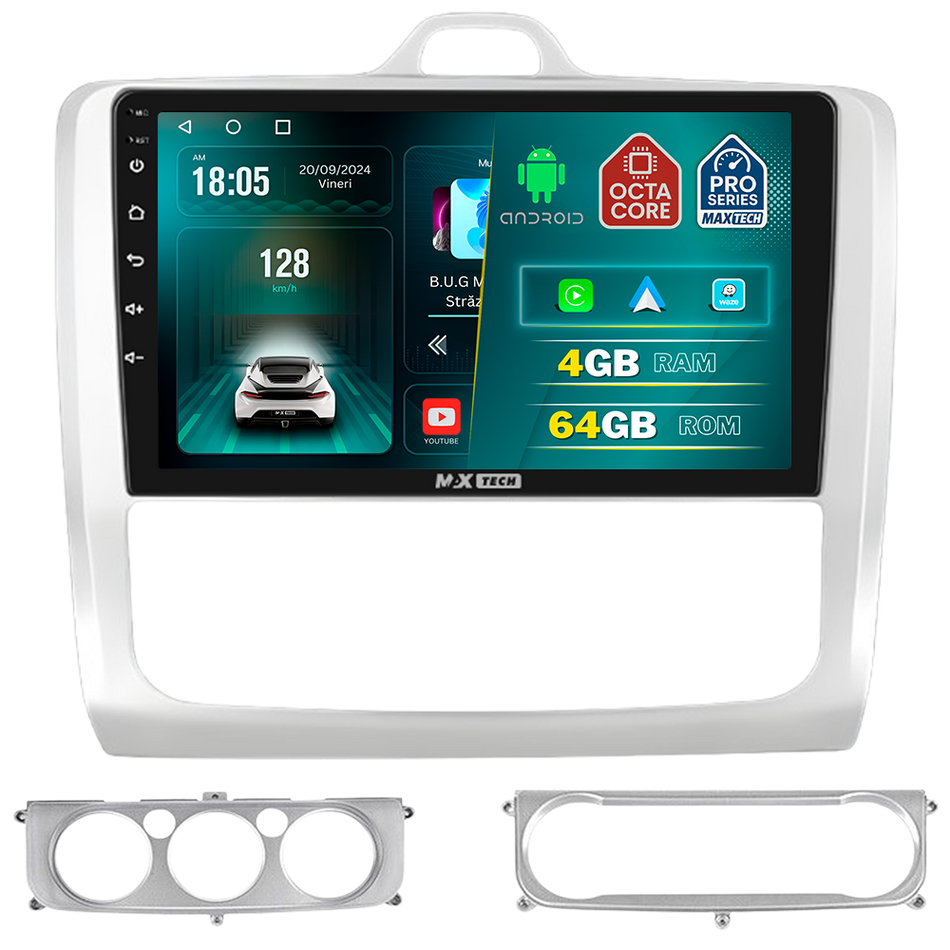 Navigatie Ford Focus 2 (Mk2) 2004-2011  dedicata, MaxTech® PRO SERIES, 4 GB Ram 64 GB Rom, Carplay si Android auto, Ecran 9 ” HD Touch, GPS, Wifi, Bluetooth, Radio, USB, EQ, DSP, Waze