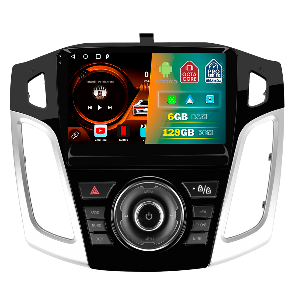 Navigatie Ford Focus III (2011-2014) dedicata, MaxTech® PRO SERIES, 6 GB Ram 128 GB Rom, Carplay si Android auto, Ecran 9” HD Touch, GPS, Wifi, Bluetooth, Radio, USB, EQ, DSP, Waze