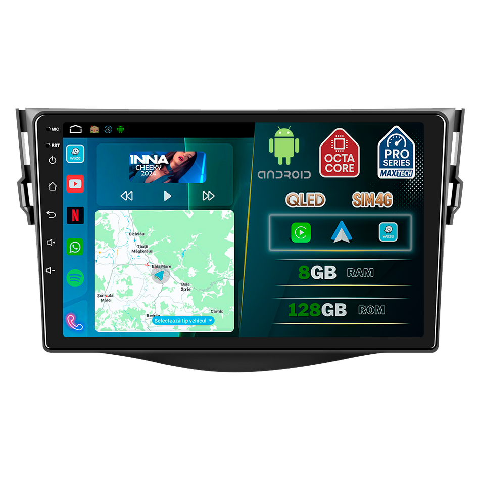 Navigatie Toyota RAV4 (2006-2012) dedicata, MaxTech® PRO SERIES, 8 GB Ram 128 GB Rom, OctaCore, Carplay si Android auto, Ecran 9” HD Touch, Sim 4G, ADI/HI-Res, GPS, Wifi, Bluetooth, Radio, USB, EQ, DSP, Waze