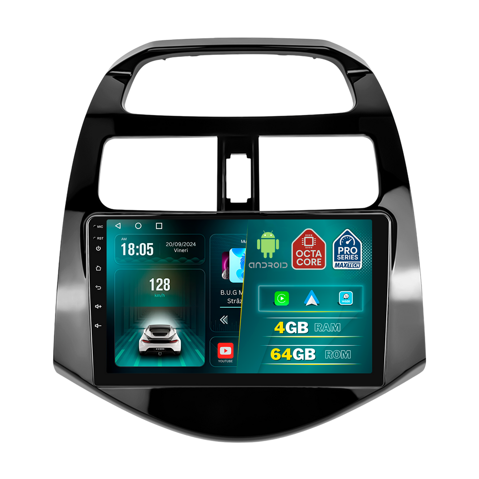 Navigatie Chevrolet Spark (2011-2015) dedicata, MaxTech® PRO SERIES, 4 GB Ram 64 GB Rom, Carplay si Android auto, Ecran 9 ” HD Touch, GPS, Wifi, Bluetooth, Radio, USB, EQ, DSP, Waze