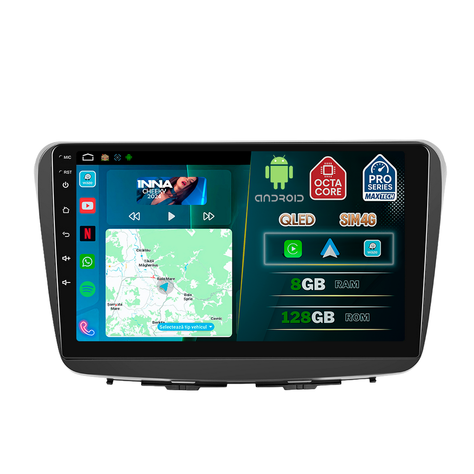 Navigatie Suzuki Baleno (2015-2020) dedicata, MaxTech® PRO SERIES, 8 GB Ram 128 GB Rom, OctaCore, Carplay si Android auto, Ecran 9” HD Touch, Sim 4G, ADI/HI-Res, GPS, Wifi, Bluetooth, Radio, USB, EQ, DSP, Waze