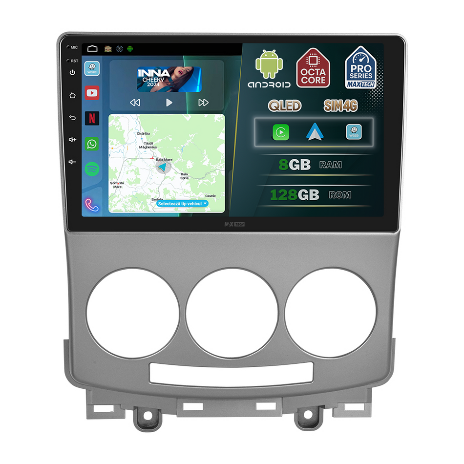 Navigatie Mazda 5 (2008-2010) Facelift dedicata, MaxTech® PRO SERIES, 8 GB Ram 128 GB Rom, OctaCore, Carplay si Android auto, Ecran 9” HD Touch, Sim 4G, ADI/HI-Res, GPS, Wifi, Bluetooth, Radio, USB, EQ, DSP, Waze