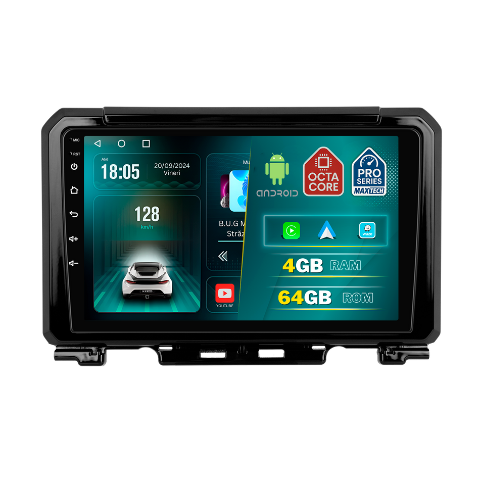 Navigatie Suzuki Jimny IV 2018+ dedicata, MaxTech® PRO SERIES, 4 GB Ram 64 GB Rom, Carplay si Android auto, Ecran 9 ” HD Touch, GPS, Wifi, Bluetooth, Radio, USB, EQ, DSP, Waze