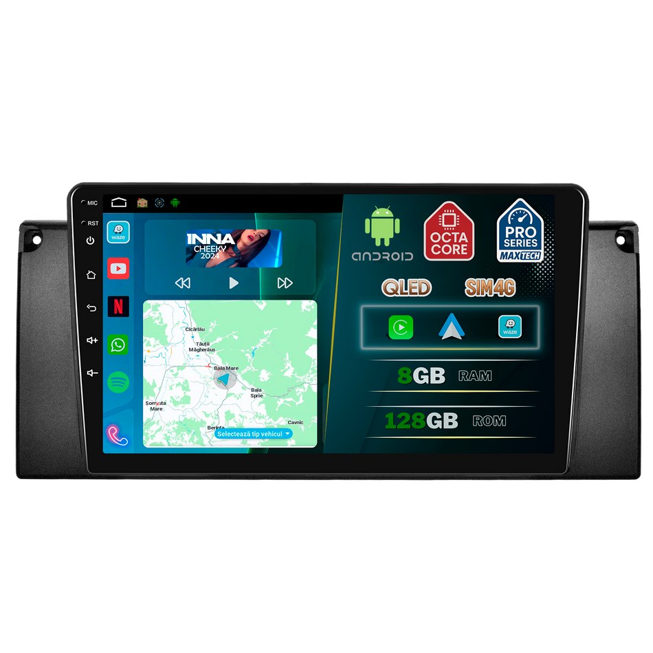 Navigatie BMW X5 E53 (1999–2006)  dedicata, MaxTech® PRO SERIES, 8 GB Ram 128 GB Rom, OctaCore, Carplay si Android auto, Ecran 9” HD Touch, Sim 4G, ADI/HI-Res, GPS, Wifi, Bluetooth, Radio, USB, EQ, DSP, Waze