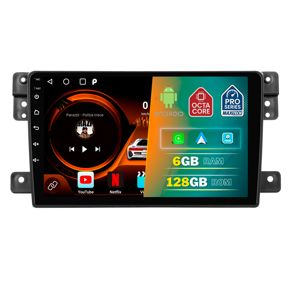 Navigatie Suzuki Grand Vitara III (2005-2015) dedicata, MaxTech® PRO SERIES, 6 GB Ram 128 GB Rom, Carplay si Android auto, Ecran 9” HD Touch, GPS, Wifi, Bluetooth, Radio, USB, EQ, DSP, Waze