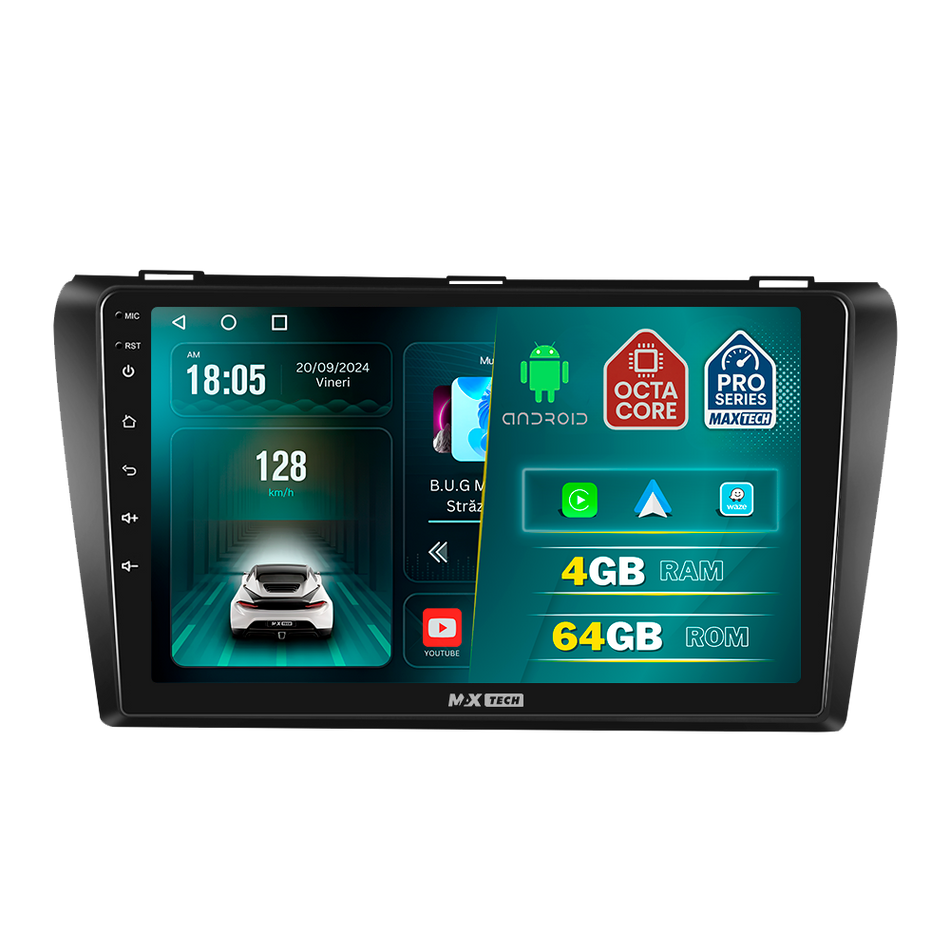 Navigatie Mazda 3 I (2003-2009) dedicata, MaxTech® PRO SERIES, 4 GB Ram 64 GB Rom, Carplay si Android auto, Ecran 9 ” HD Touch, GPS, Wifi, Bluetooth, Radio, USB, EQ, DSP, Waze