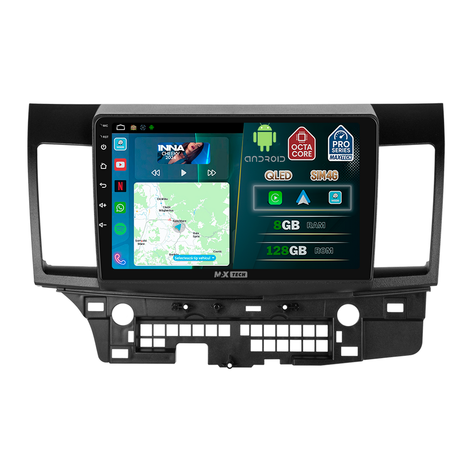 Navigatie Mitsubishi Lancer X (2008-2015) dedicata, MaxTech® PRO SERIES, 8 GB Ram 128 GB Rom, OctaCore, Carplay si Android auto, Ecran 10” HD Touch, Sim 4G, ADI/HI-Res, GPS, Wifi, Bluetooth, Radio, USB, EQ, DSP, Waze