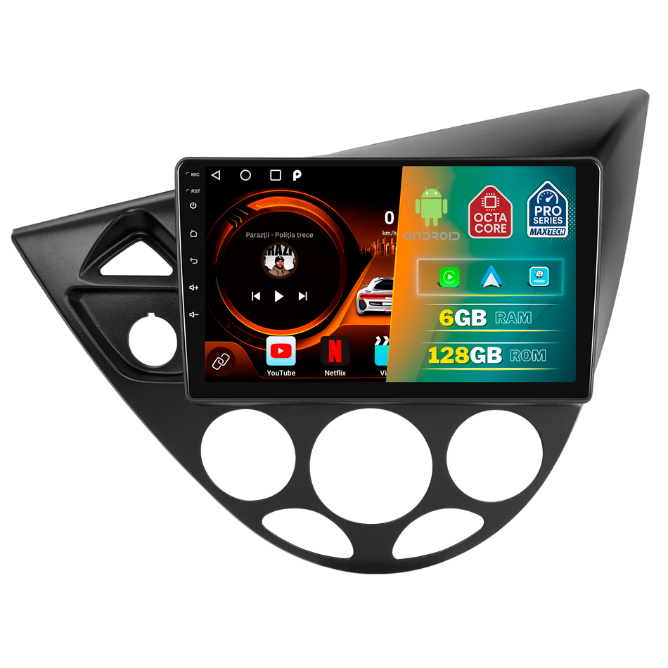 Navigatie Ford Focus MK1 (1998-2005) dedicata, MaxTech® PRO SERIES, 6 GB Ram 128 GB Rom, Carplay si Android auto, Ecran 9” HD Touch, GPS, Wifi, Bluetooth, Radio, USB, EQ, DSP, Waze