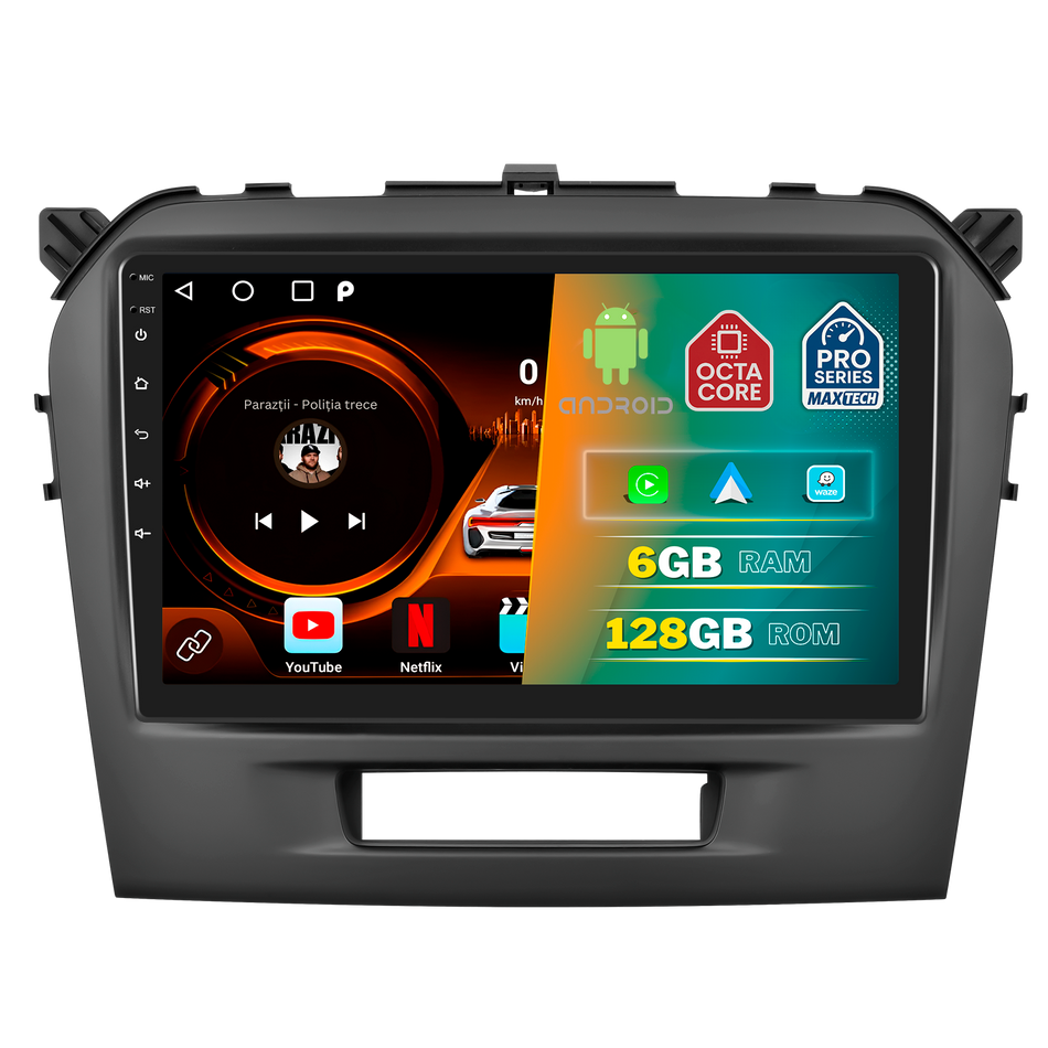 Navigatie Suzuki Vitara (2015-2018) dedicata, MaxTech® PRO SERIES, 6 GB Ram 128 GB Rom, Carplay si Android auto, Ecran 9” HD Touch, GPS, Wifi, Bluetooth, Radio, USB, EQ, DSP, Waze