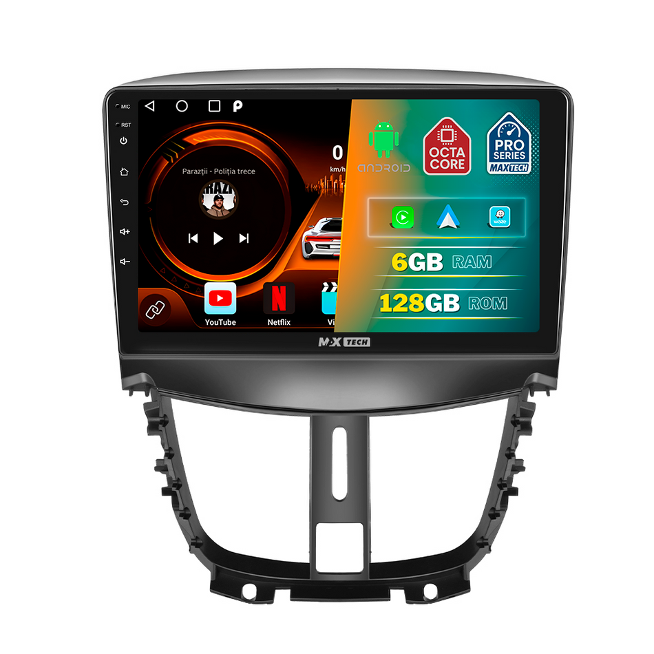Navigatie Peugeot 207 (2009-2013) facelift dedicata, MaxTech® PRO SERIES, 6 GB Ram 128 GB Rom, Carplay si Android auto, Ecran 9” HD Touch, GPS, Wifi, Bluetooth, Radio, USB, EQ, DSP, Waze