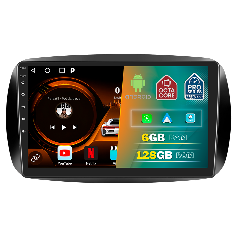Navigatie Smart ForTwo / ForFour 2014–2019 dedicata, MaxTech® PRO SERIES, 6 GB Ram 128 GB Rom, Carplay si Android auto, Ecran 9” HD Touch, GPS, Wifi, Bluetooth, Radio, USB, EQ, DSP, Waze