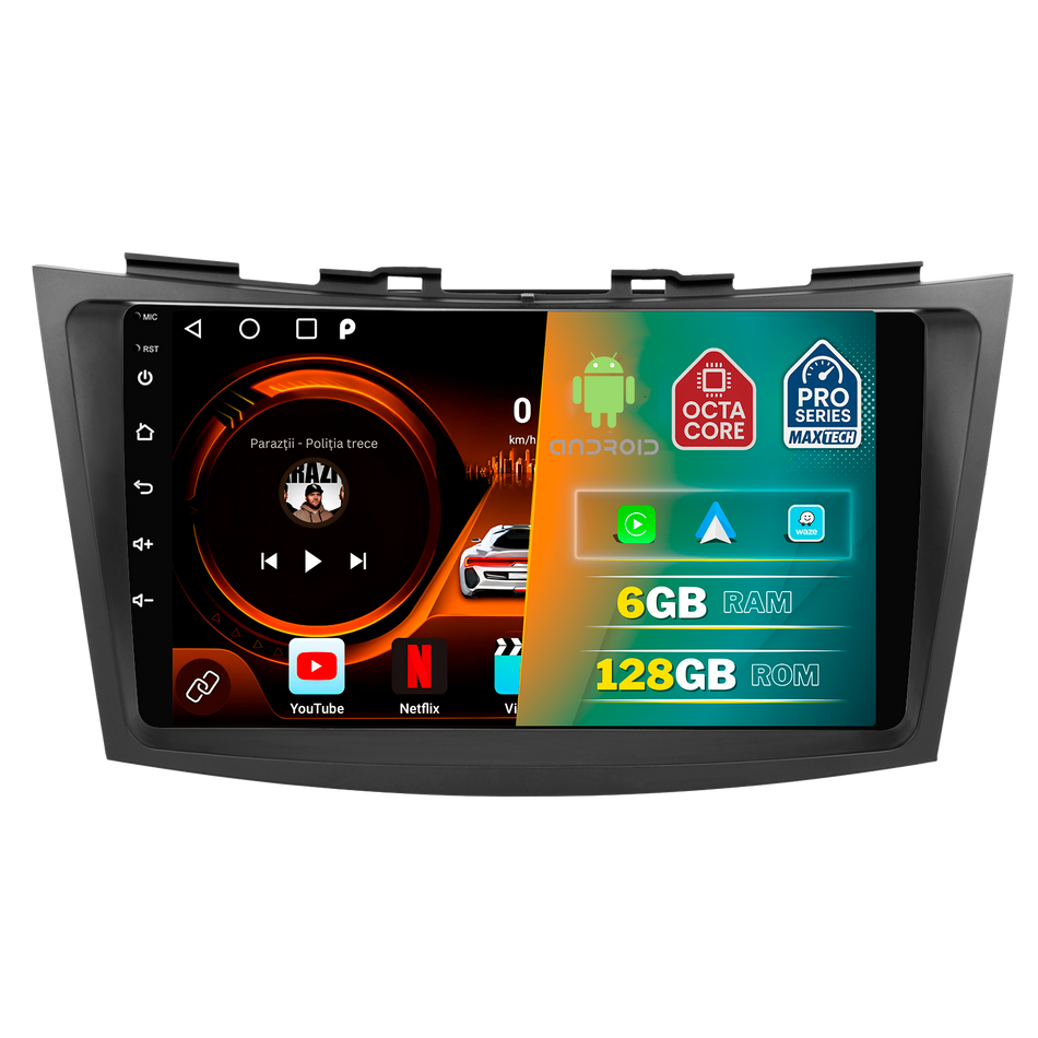 Navigatie Suzuki Swift (2010-2014) pre-facelift dedicata, MaxTech® PRO SERIES, 6 GB Ram 128 GB Rom, Carplay si Android auto, Ecran 9” HD Touch, GPS, Wifi, Bluetooth, Radio, USB, EQ, DSP, Waze