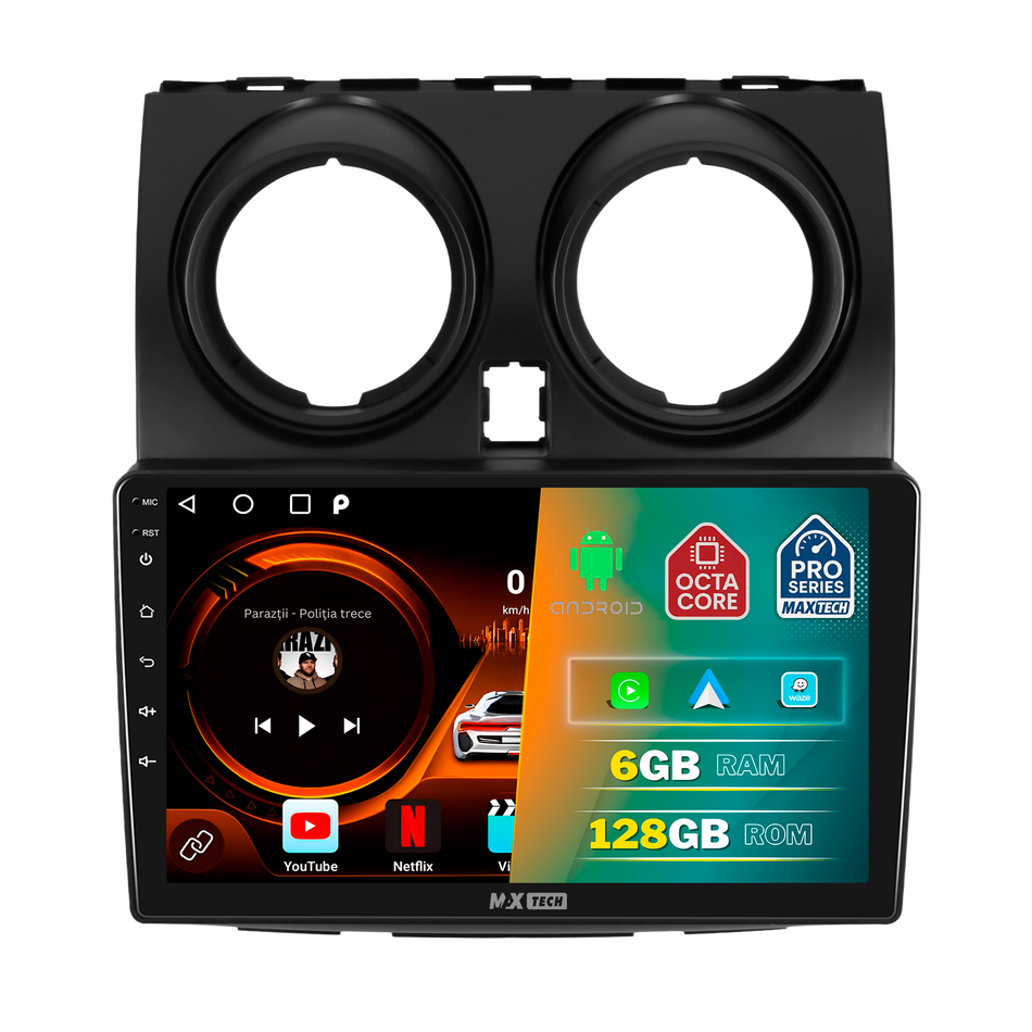 Navigatie Nissan Qashqai I (J10) 2007–2014 dedicata, MaxTech® PRO SERIES, 6 GB Ram 128 GB Rom, Carplay si Android auto, Ecran 9” HD Touch, GPS, Wifi, Bluetooth, Radio, USB, EQ, DSP, Waze