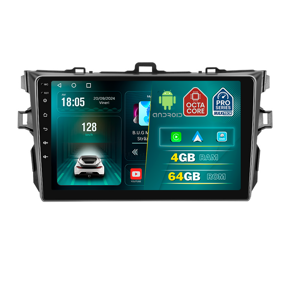 Navigatie Toyota Corolla (2007-2013) dedicata, MaxTech® PRO SERIES, 4 GB Ram 64 GB Rom, Carplay si Android auto, Ecran 9 ” HD Touch, GPS, Wifi, Bluetooth, Radio, USB, EQ, DSP, Waze
