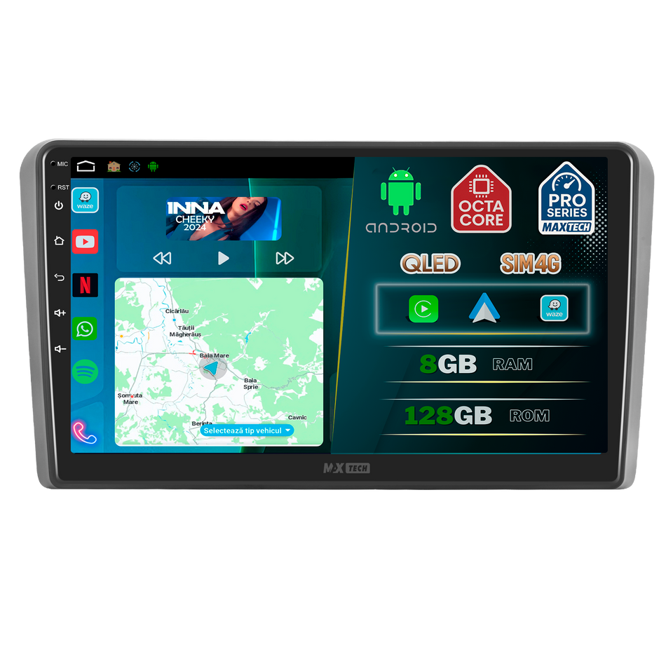 Navigatie Audi A3 Facelift 2008-2012  dedicata, MaxTech® PRO SERIES, 8 GB Ram 128 GB Rom, OctaCore, Carplay si Android auto, Ecran 9” HD Touch, Sim 4G, ADI/HI-Res, GPS, Wifi, Bluetooth, Radio, USB, EQ, DSP, Waze