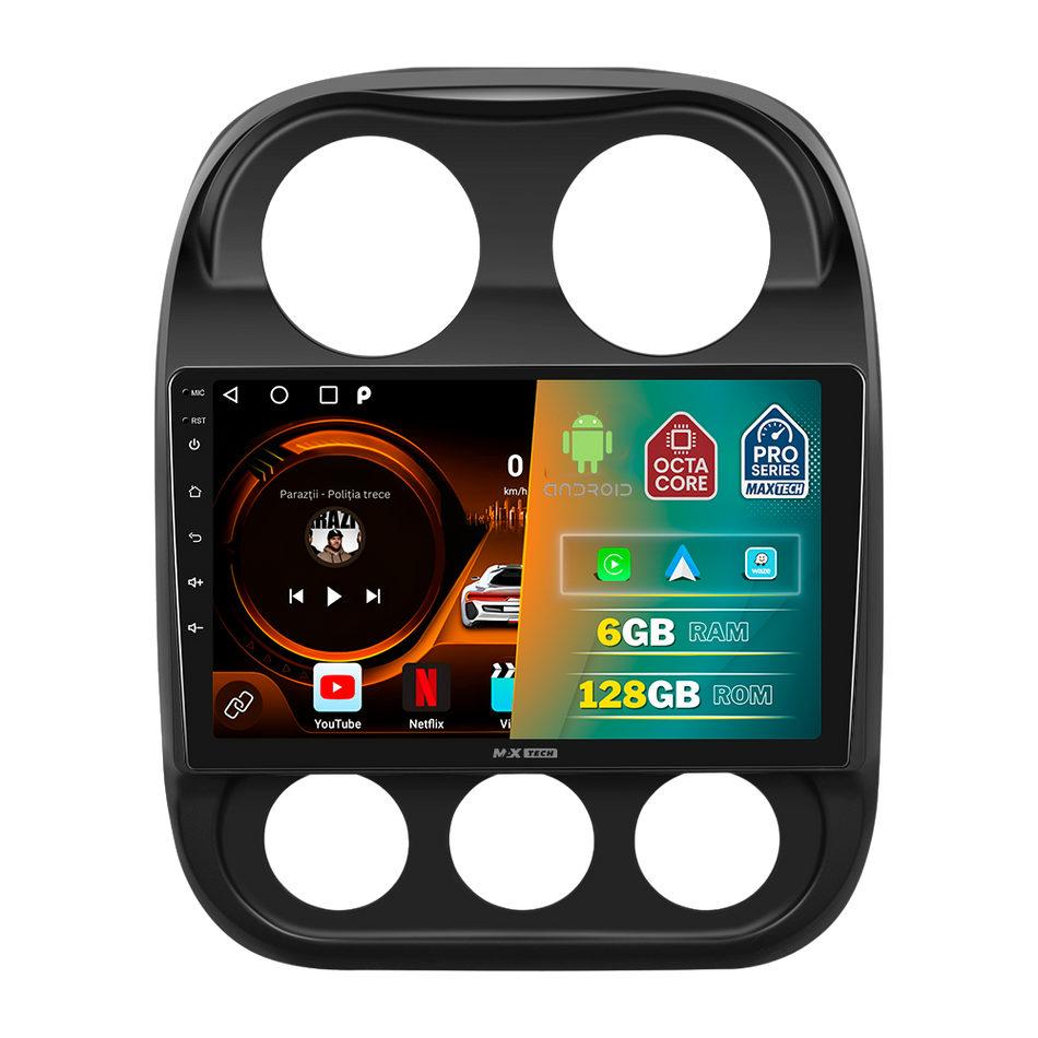 Navigatie Jeep Compass/Patriot (2011-2016) Facelift dedicata, MaxTech® PRO SERIES, 6 GB Ram 128 GB Rom, Carplay si Android auto, Ecran 10” HD Touch, GPS, Wifi, Bluetooth, Radio, USB, EQ, DSP, Waze